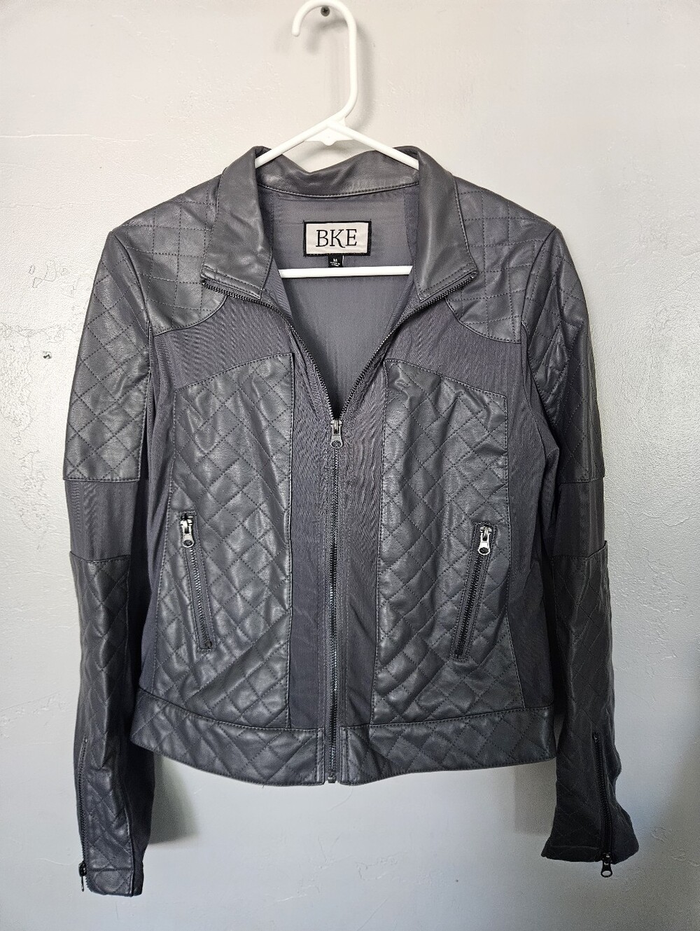BKE Women's Medium Grey Quilted Faux Leather Moto Jacket Mesh Gray Long Sleeve